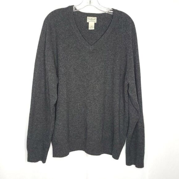 LL Bean Mens V Neck Lambs Wool Sweater L Dark Gray Heather Preppy Raglan Sleeve - Picture 1 of 5